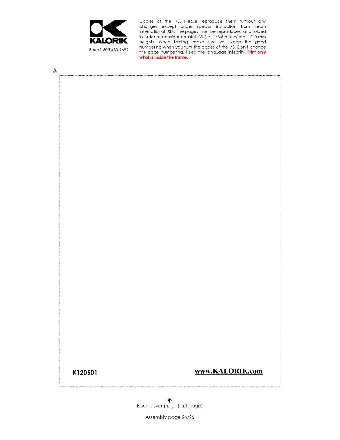 Kalorik CM 38933 manual Back cover page last Assembly page 26/26 