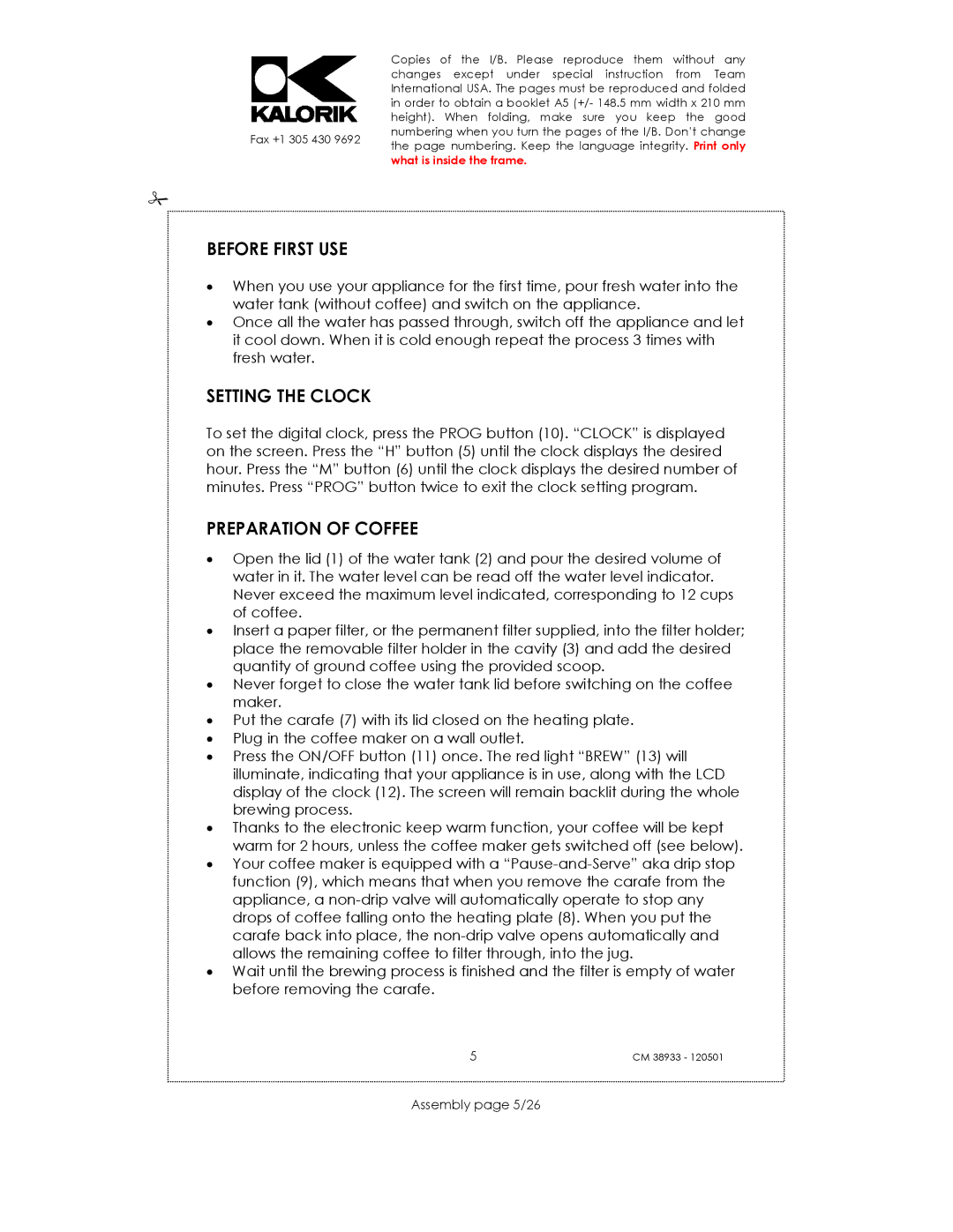 Kalorik CM 38933 manual Before First USE, Setting the Clock, Preparation of Coffee, Assembly page 5/26 