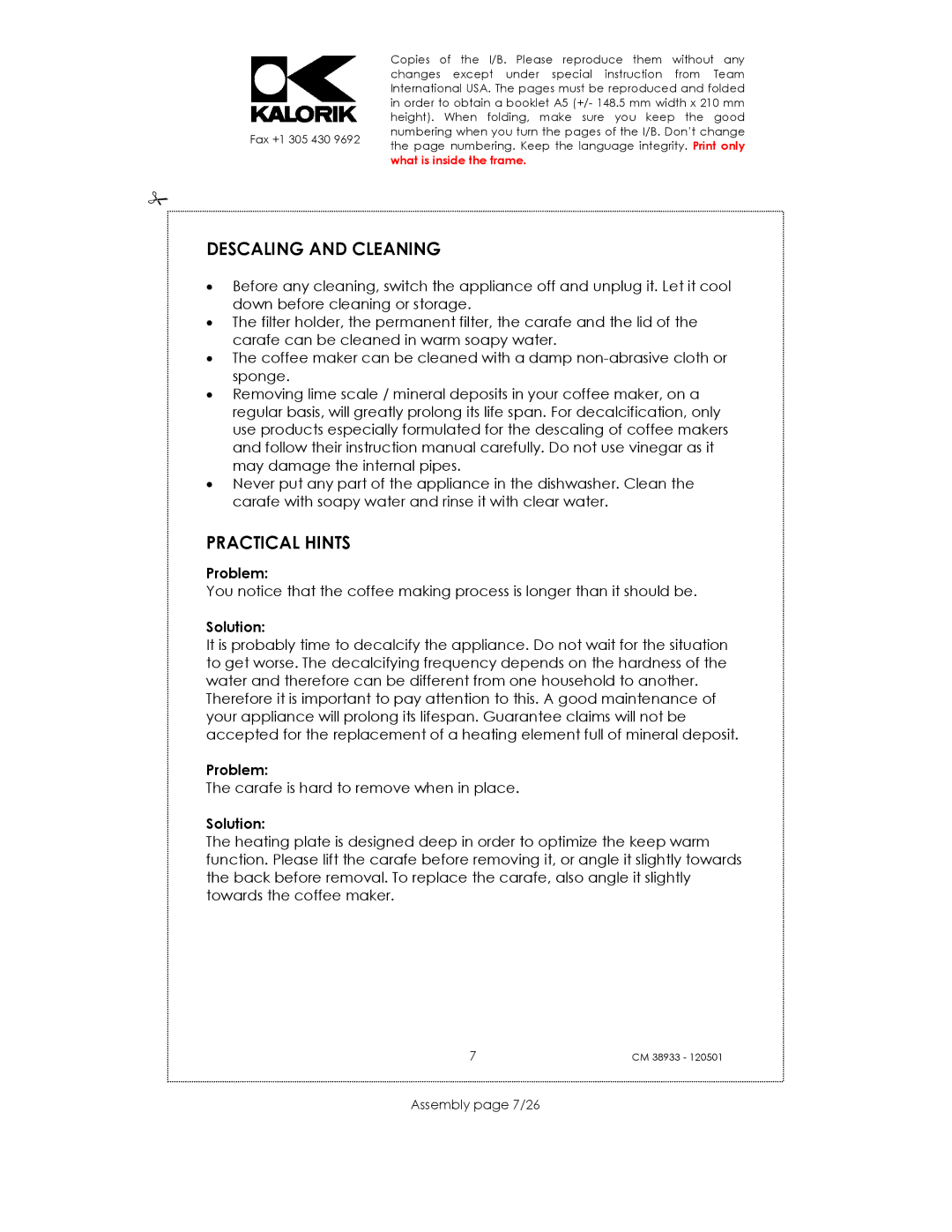 Kalorik CM 38933 manual Descaling and Cleaning, Practical Hints, Assembly page 7/26 