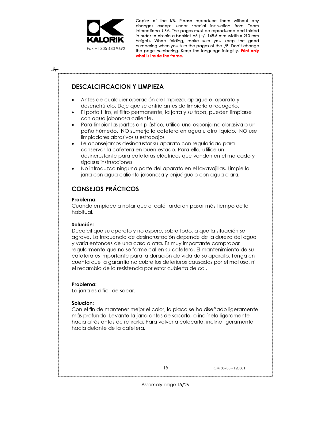 Kalorik CM 38933 manual Descalcificacion Y Limpieza, Consejos Prácticos, Problema, Solución 
