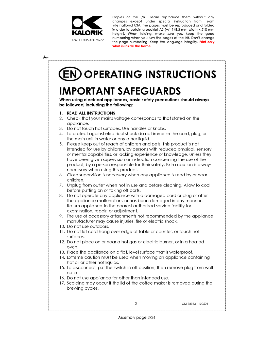 Kalorik CM 38933 manual Important Safeguards, Read All Instructions 