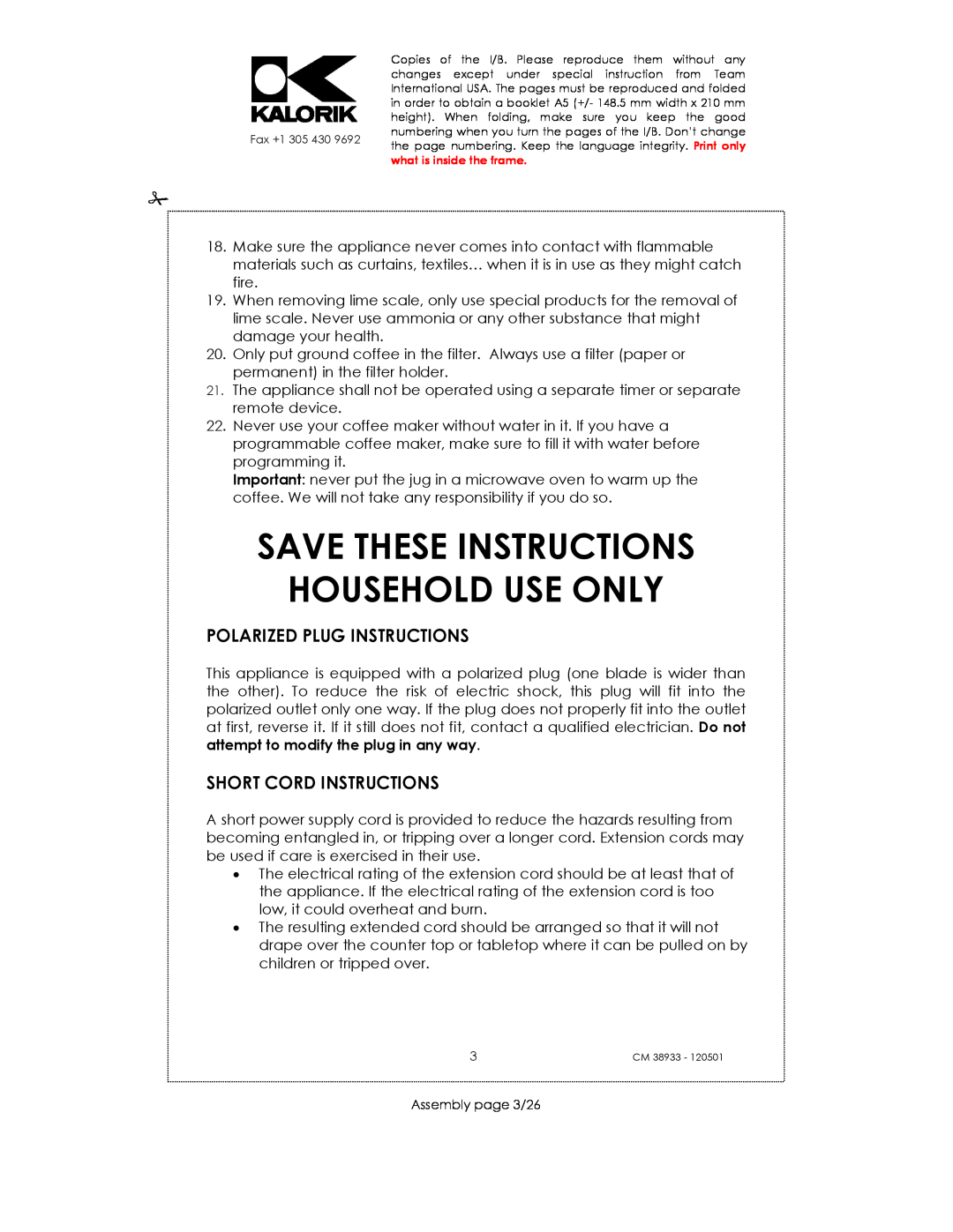 Kalorik CM 38933 manual Save These Instructions Household Use Only, Polarized Plug Instructions, Short Cord Instructions 