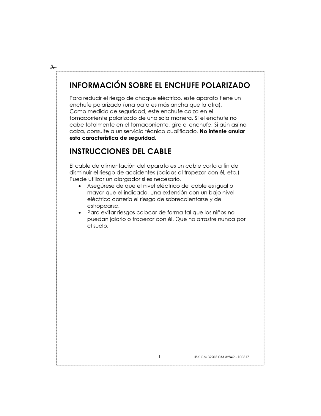 Kalorik CM32205RS manual Información Sobre EL Enchufe Polarizado, Instrucciones DEL Cable 