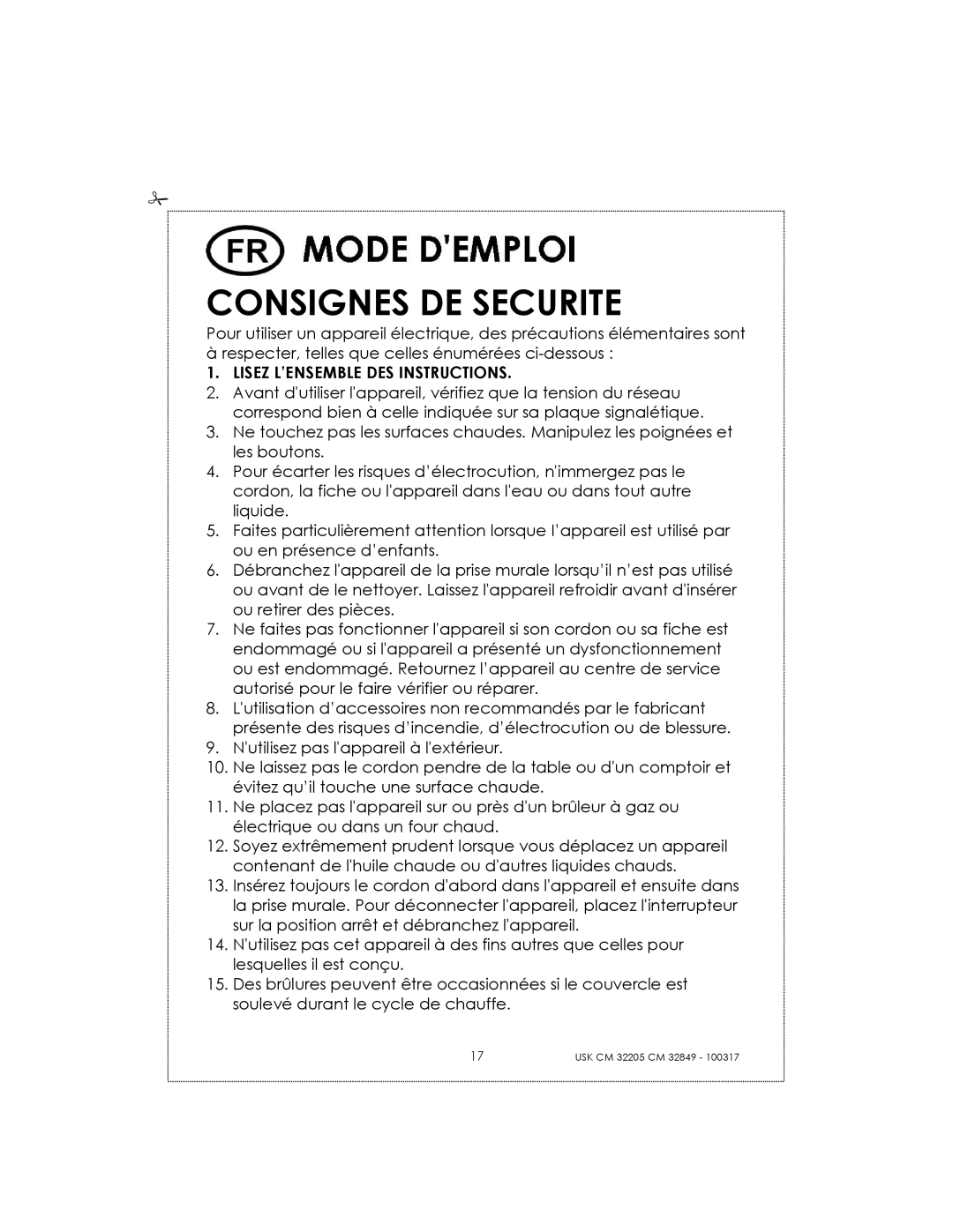 Kalorik CM32205RS manual Consignes DE Securite, Lisez L’ENSEMBLE DES Instructions 