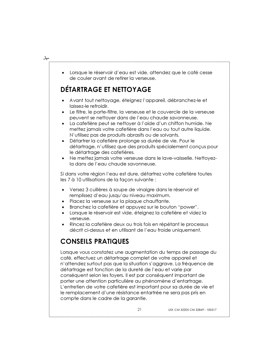 Kalorik CM32205RS manual Détartrage ET Nettoyage, Conseils Pratiques 