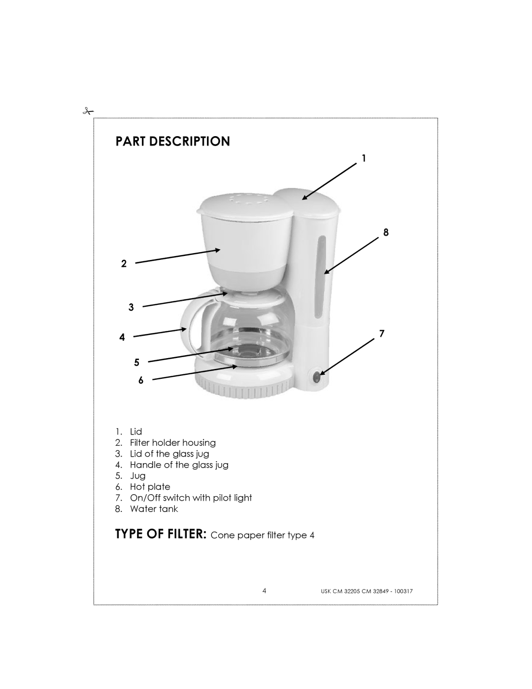 Kalorik CM32205RS manual Part Description 