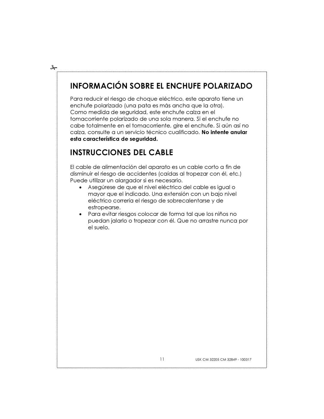 Kalorik CM32205RS manual Información Sobre El Enchufe Polarizado, Instrucciones Del Cable 