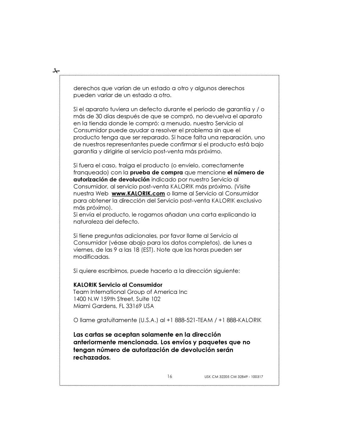 Kalorik CM32205RS manual KALORIK Servicio al Consumidor 