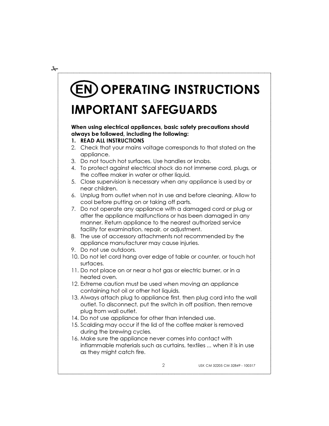Kalorik CM32205RS manual Important Safeguards 