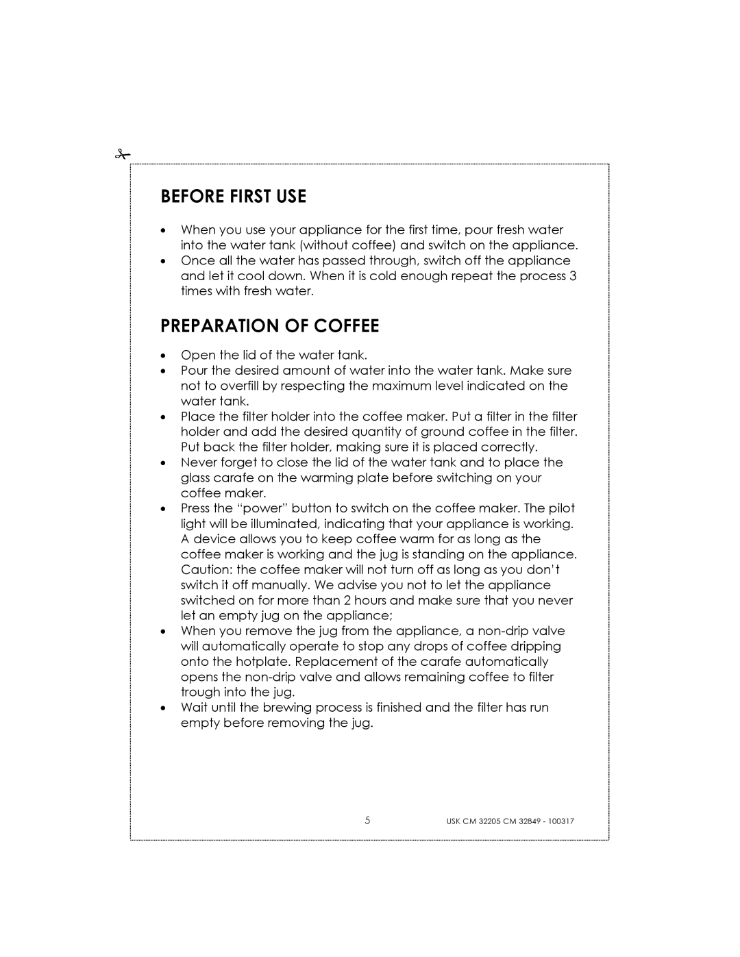 Kalorik CM32205RS manual Before First Use, Preparation Of Coffee 
