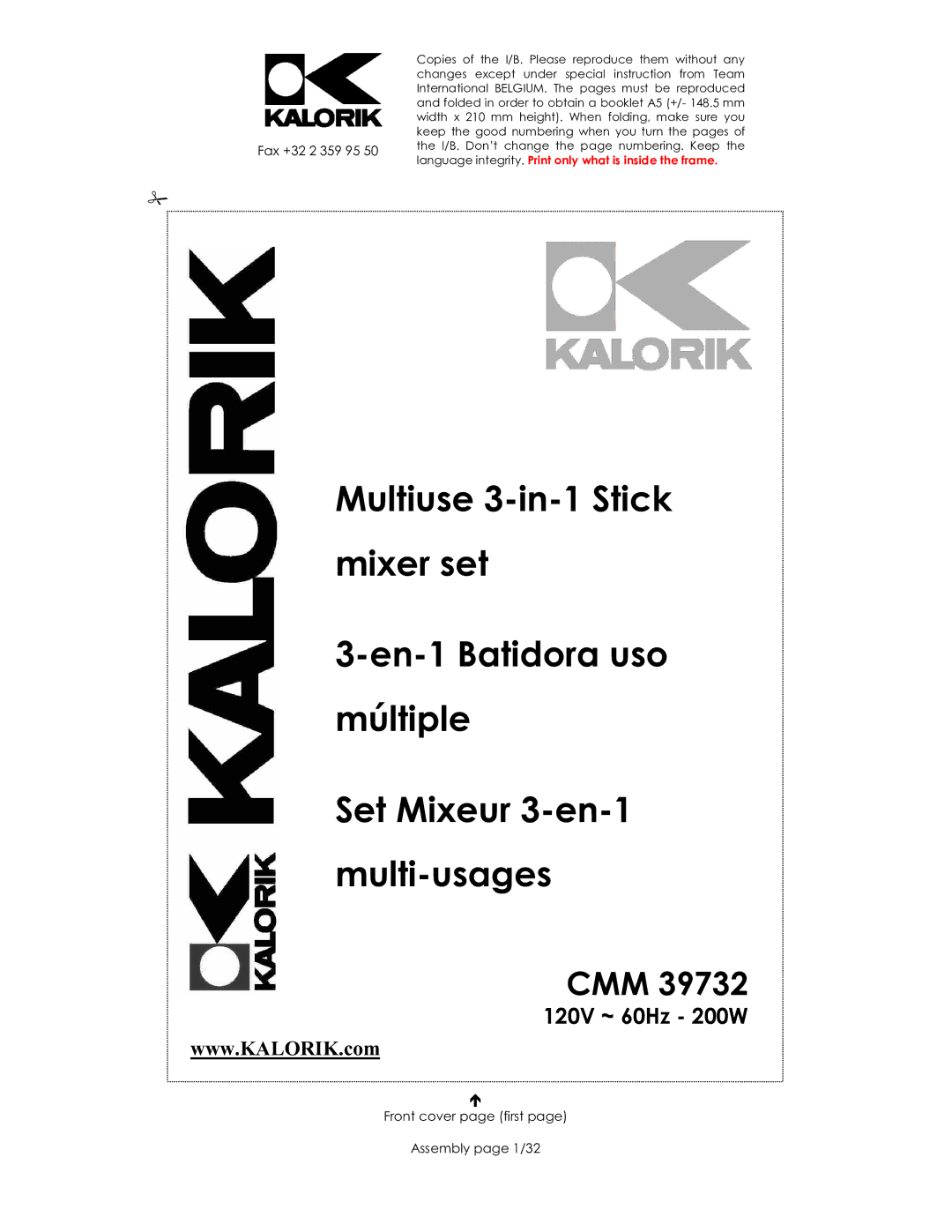 Kalorik CMM 39732 manual Fax +32 2 359 95, Front cover page first Assembly page 1/32 