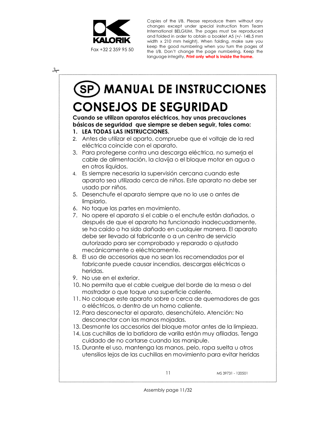 Kalorik CMM 39732 manual Consejos DE Seguridad, Assembly page 11/32 