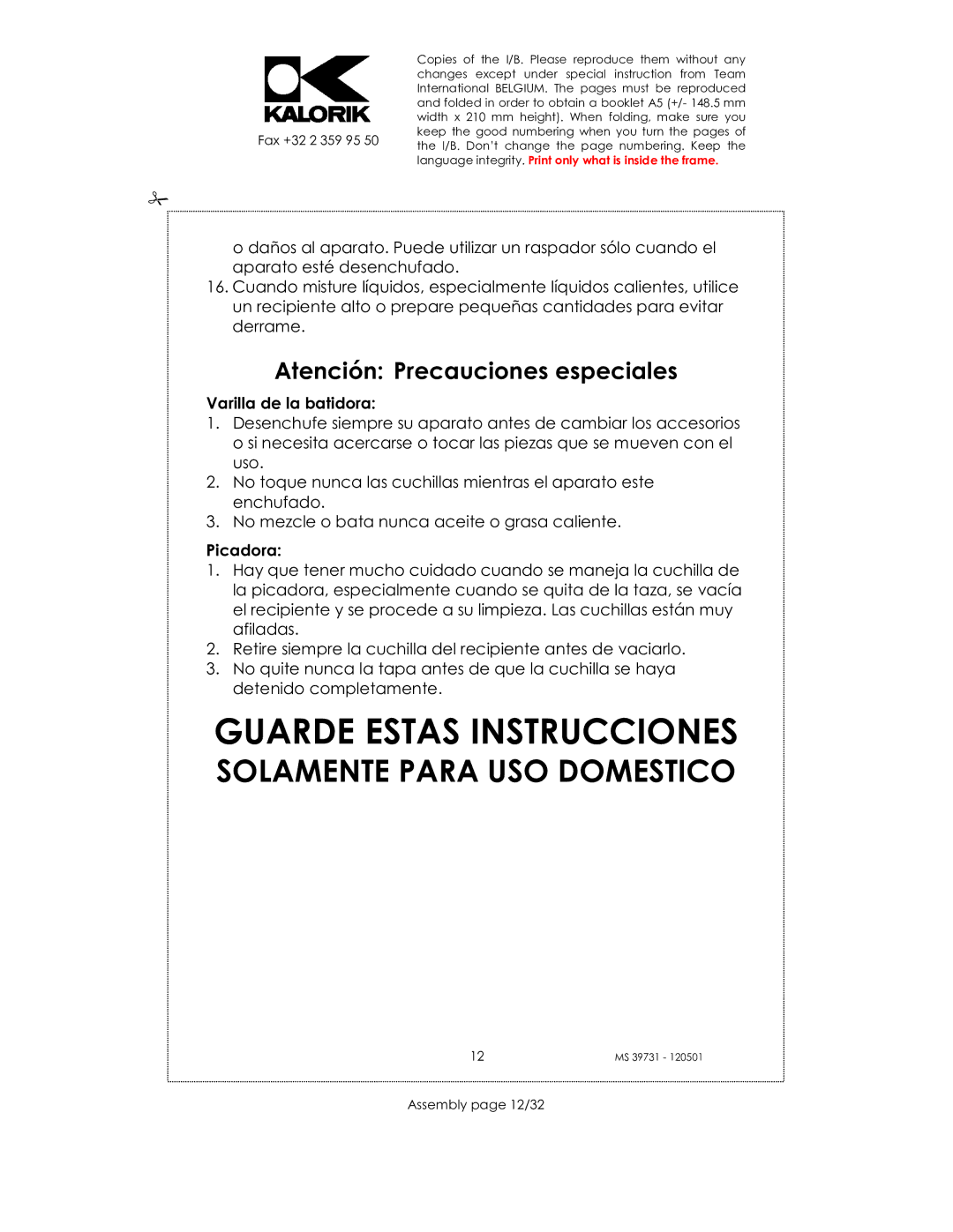 Kalorik CMM 39732 manual Guarde Estas Instrucciones, Varilla de la batidora, Picadora, Assembly page 12/32 