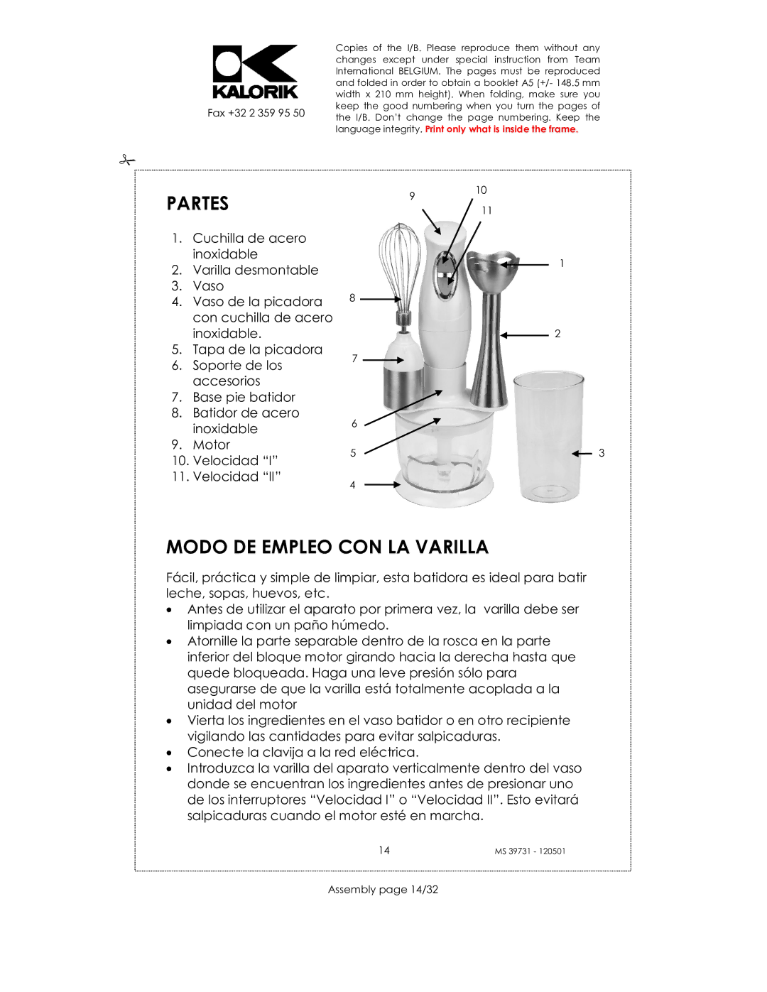 Kalorik CMM 39732 manual Partes, Modo DE Empleo CON LA Varilla, Assembly page 14/32 