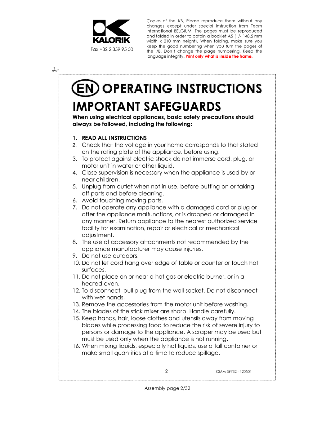 Kalorik CMM 39732 manual Important Safeguards, Assembly page 2/32 