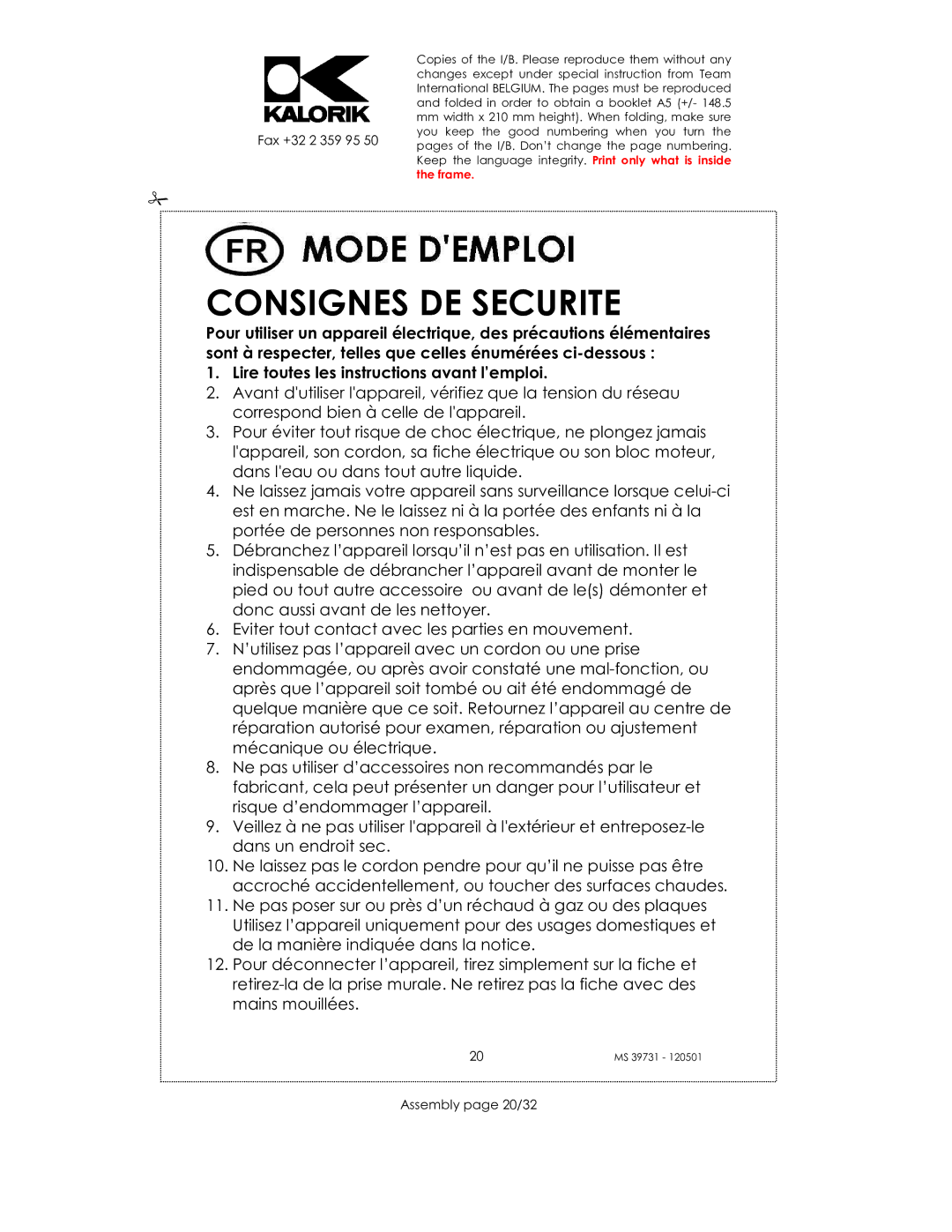 Kalorik CMM 39732 manual Consignes DE Securite, Lire toutes les instructions avant l’emploi, Assembly page 20/32 