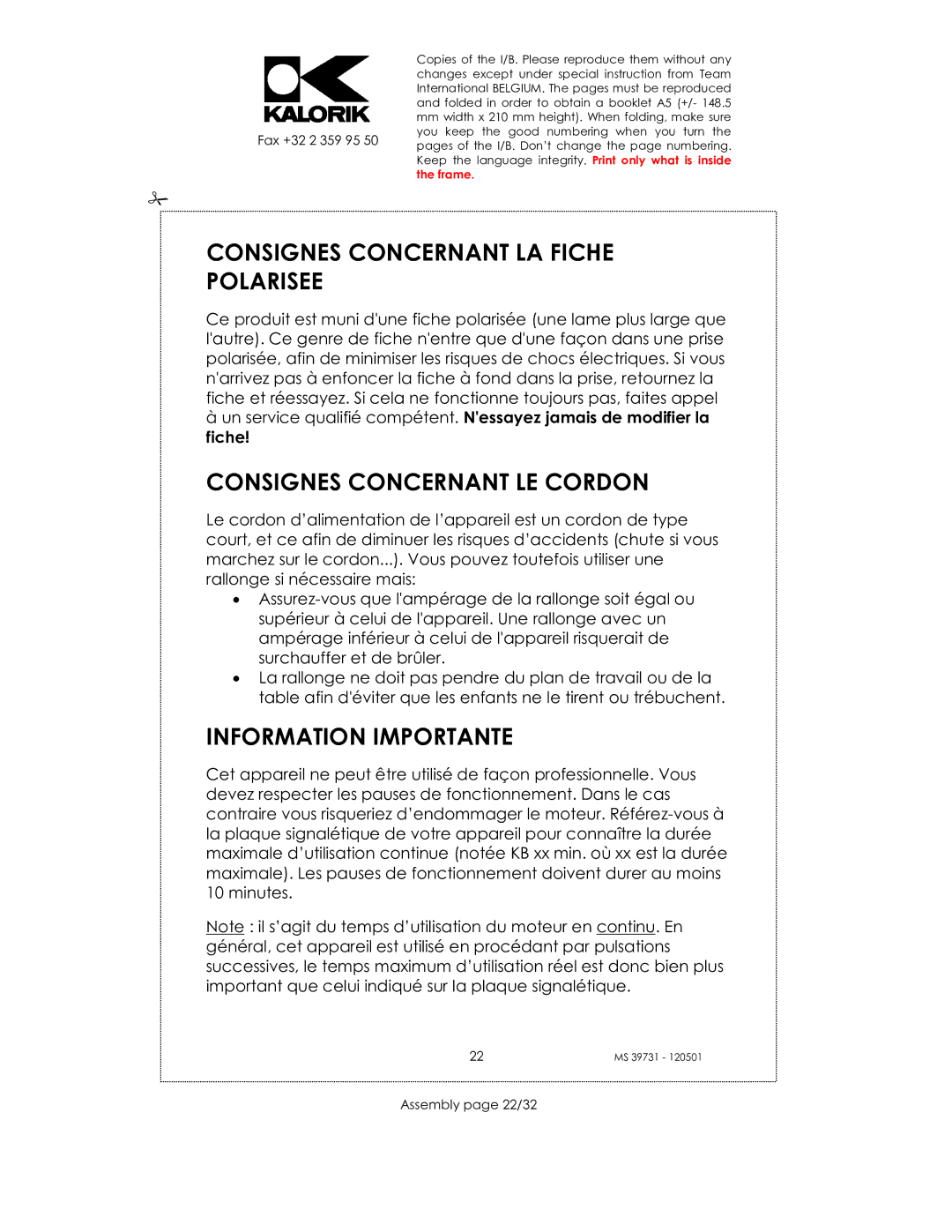 Kalorik CMM 39732 manual Consignes Concernant LA Fiche Polarisee, Consignes Concernant LE Cordon, Information Importante 