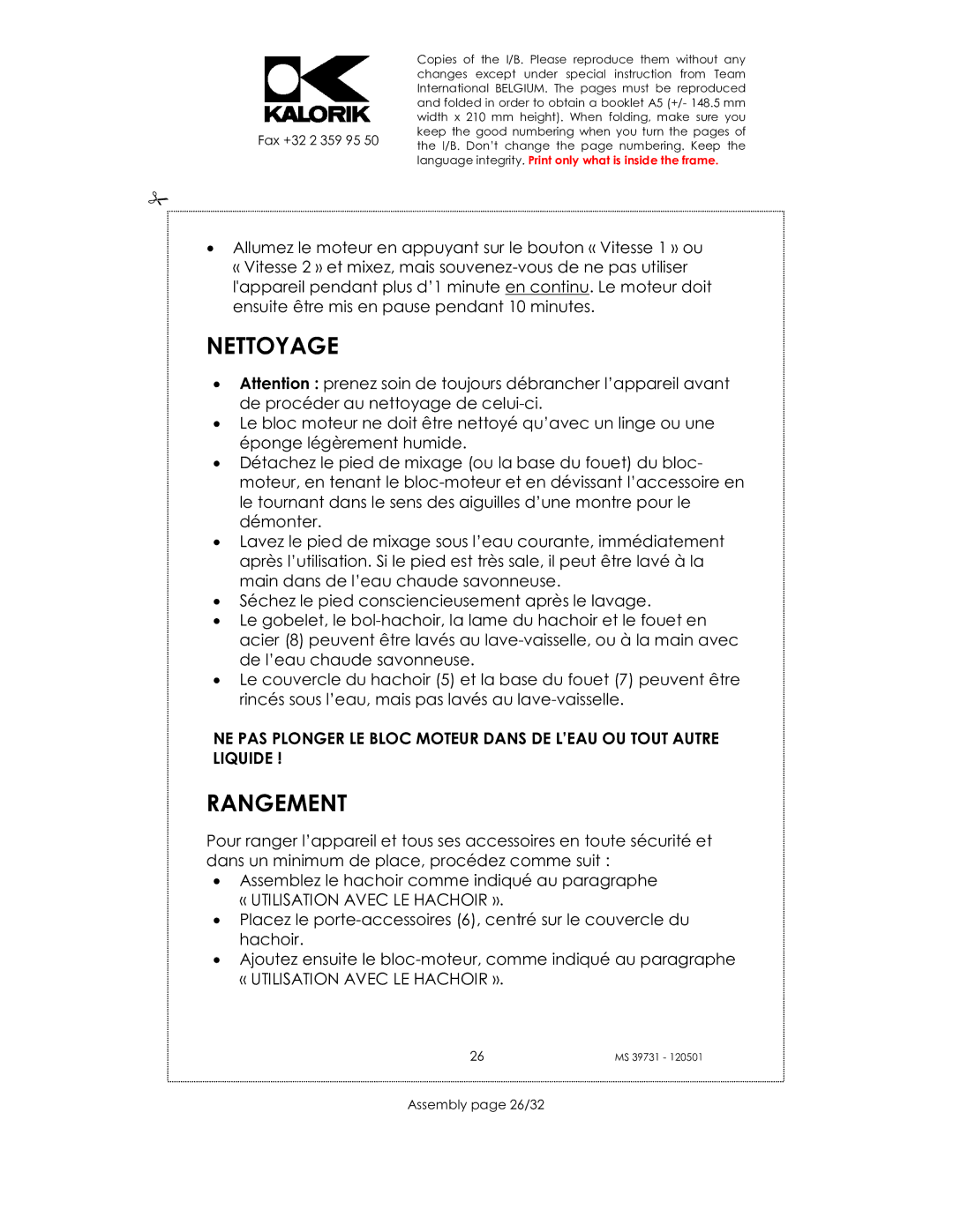 Kalorik CMM 39732 manual Nettoyage, Rangement, Assembly page 26/32 