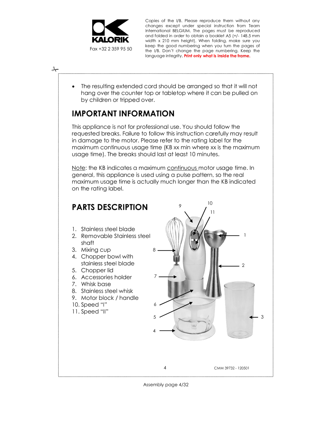 Kalorik CMM 39732 manual Important Information, Parts Description, Assembly page 4/32 