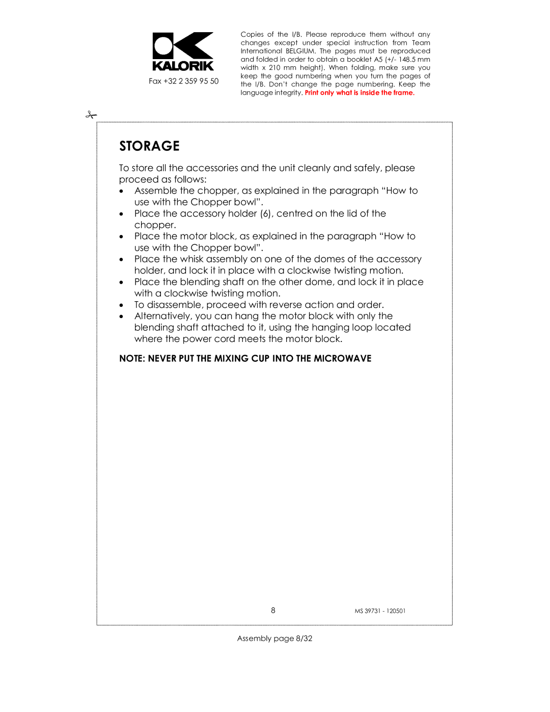 Kalorik CMM 39732 manual Storage, Assembly page 8/32 