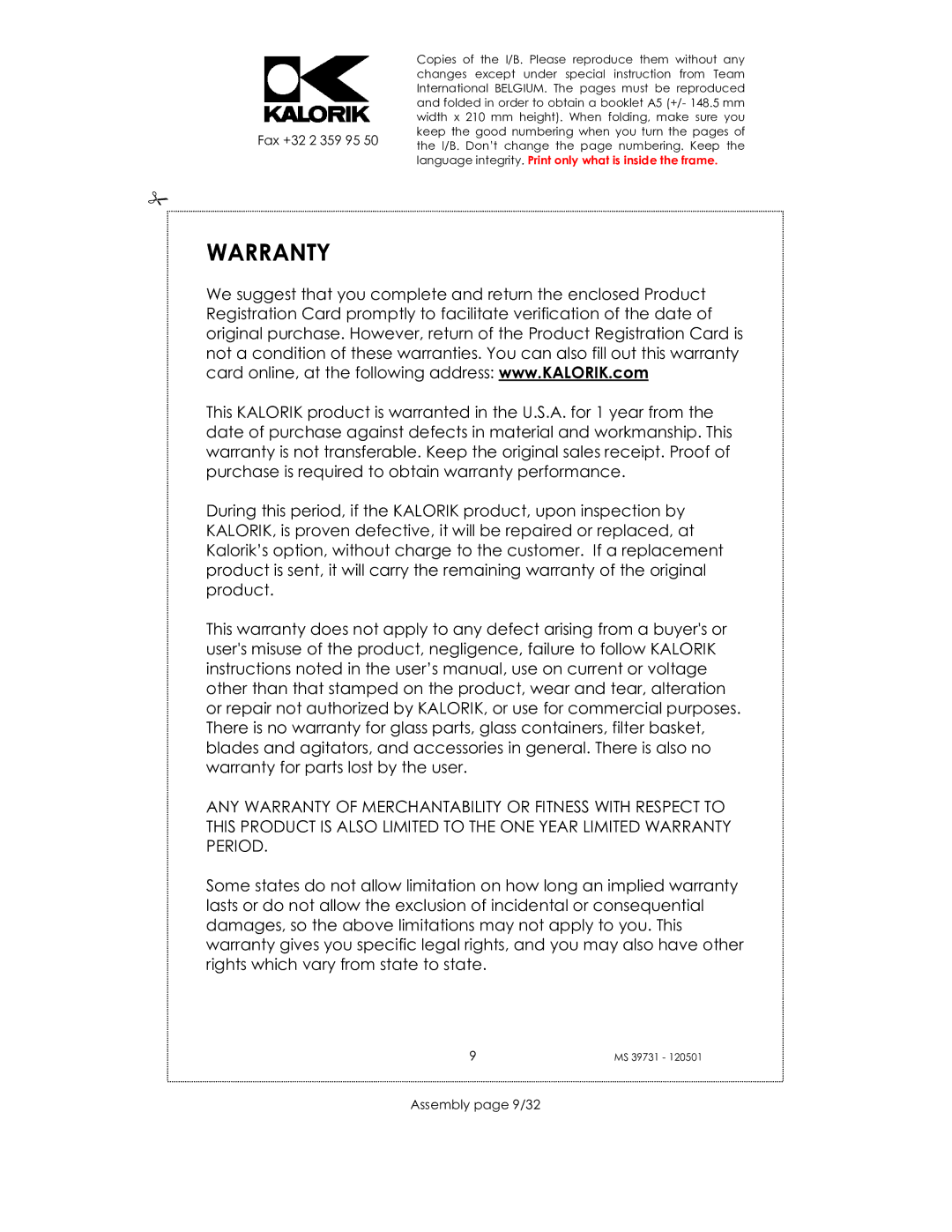 Kalorik CMM 39732 manual Warranty, Assembly page 9/32 