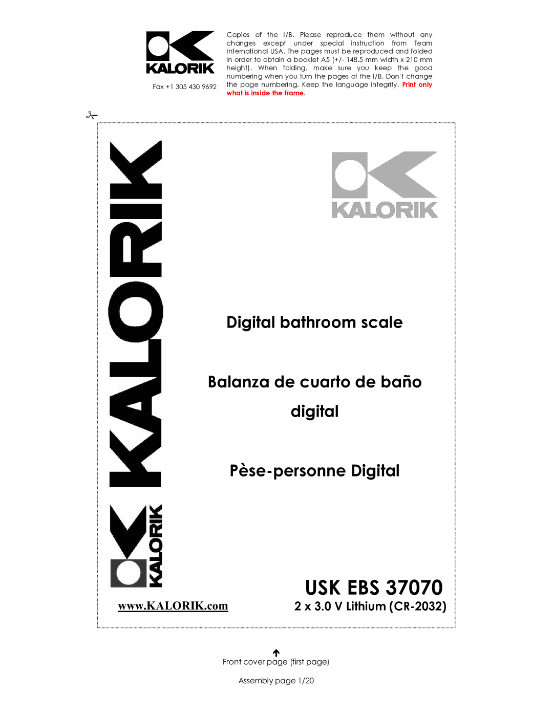 Kalorik CR-2032 manual Usk Ebs, Front cover page first Assembly page 1/20 