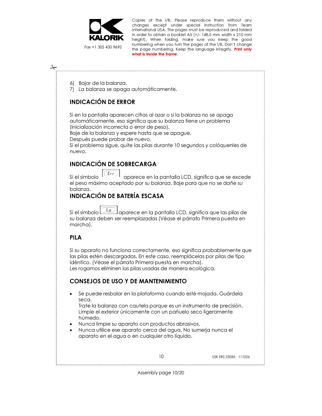 Kalorik CR-2032 manual Indicación DE Error, Indicación DE Sobrecarga, Indicación DE Batería Escasa, Pila 