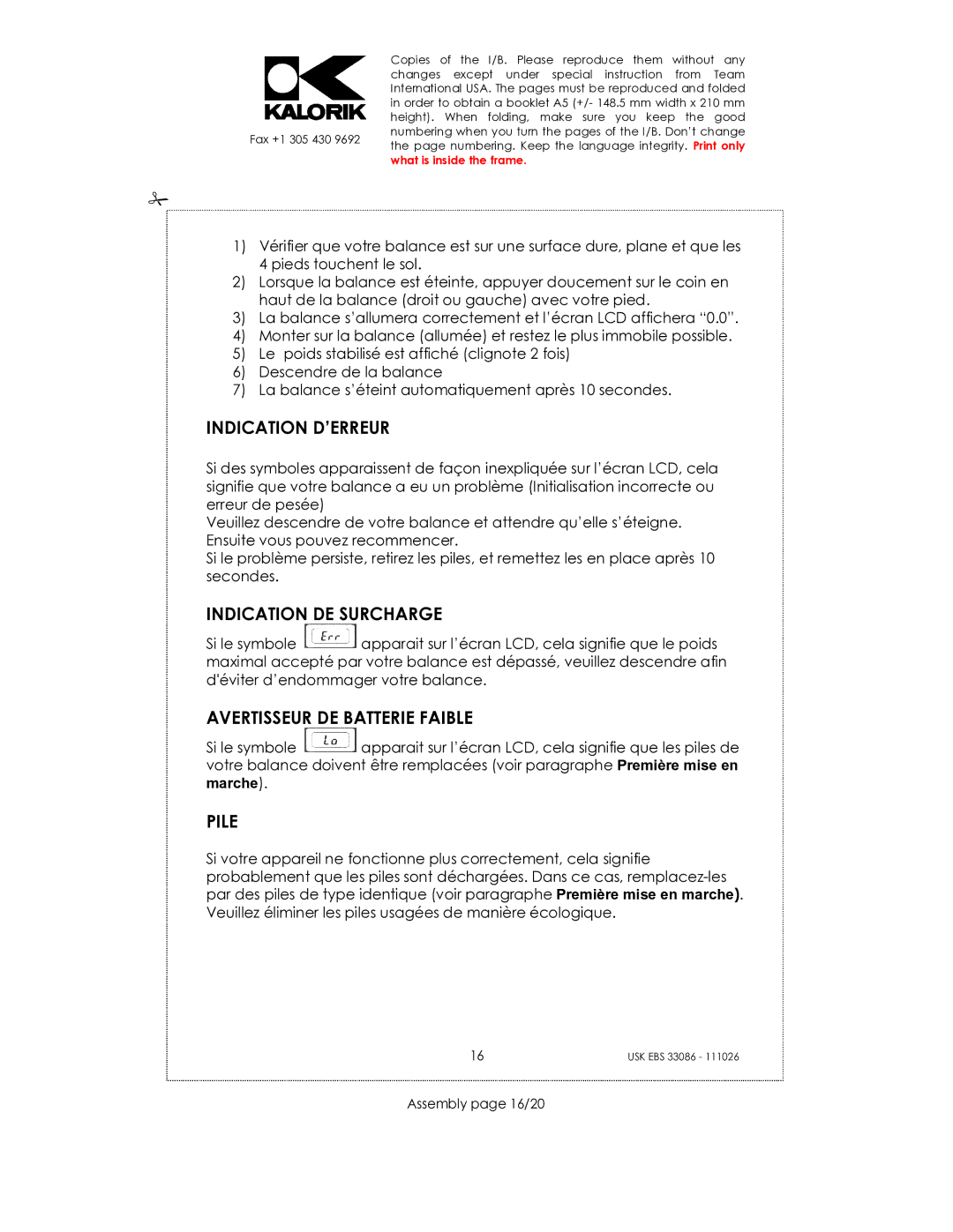 Kalorik CR-2032 Indication D’ERREUR, Indication DE Surcharge, Avertisseur DE Batterie Faible, Pile, Assembly page 16/20 