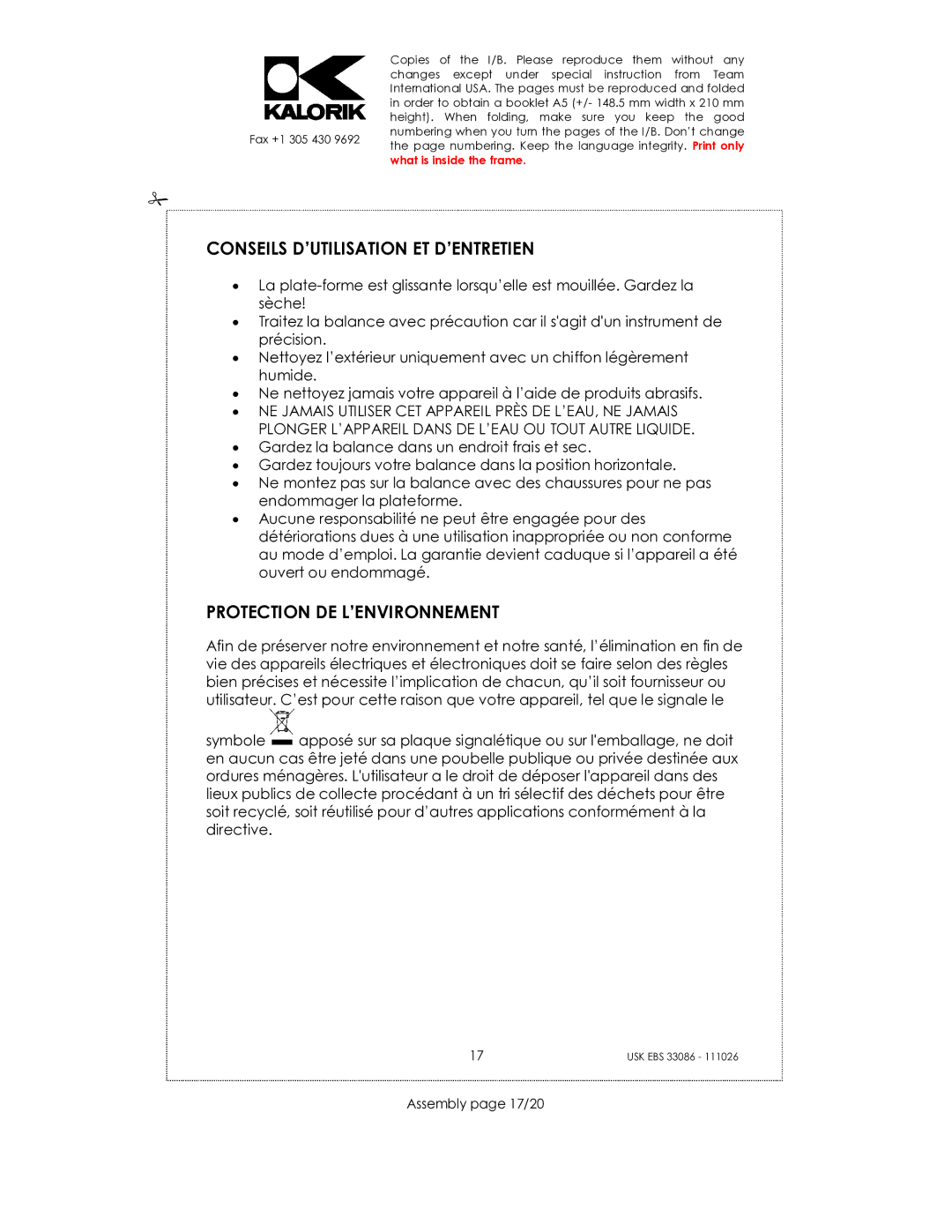 Kalorik CR-2032 manual Conseils D’UTILISATION ET D’ENTRETIEN, Protection DE L’ENVIRONNEMENT, Assembly page 17/20 