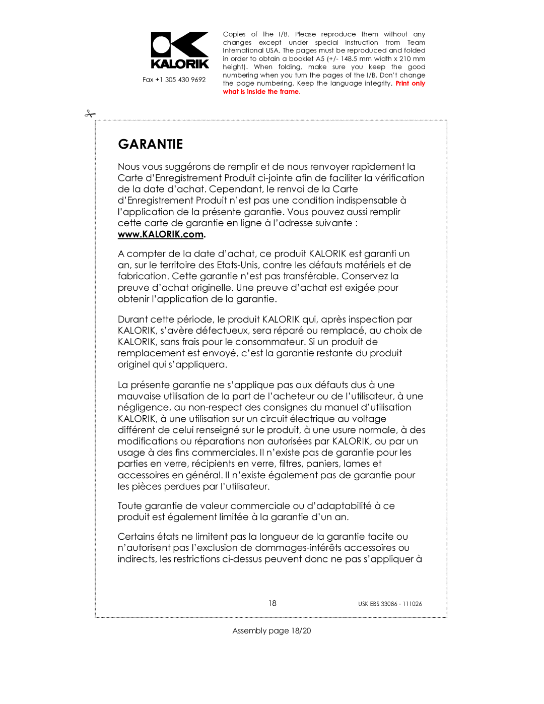 Kalorik CR-2032 manual Garantie, Assembly page 18/20 