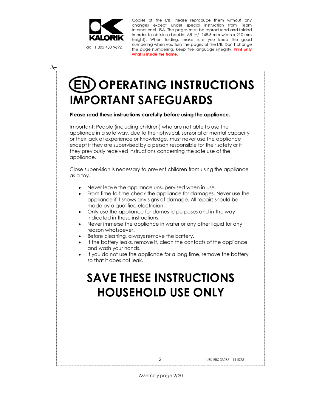 Kalorik CR-2032 manual Important Safeguards, Assembly page 2/20 