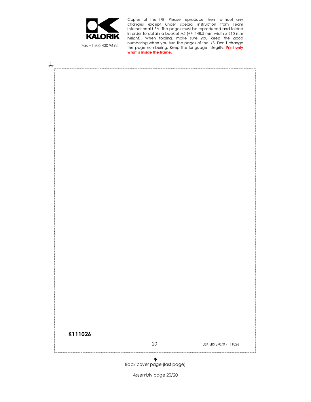 Kalorik CR-2032 manual Back cover page last Assembly page 20/20 