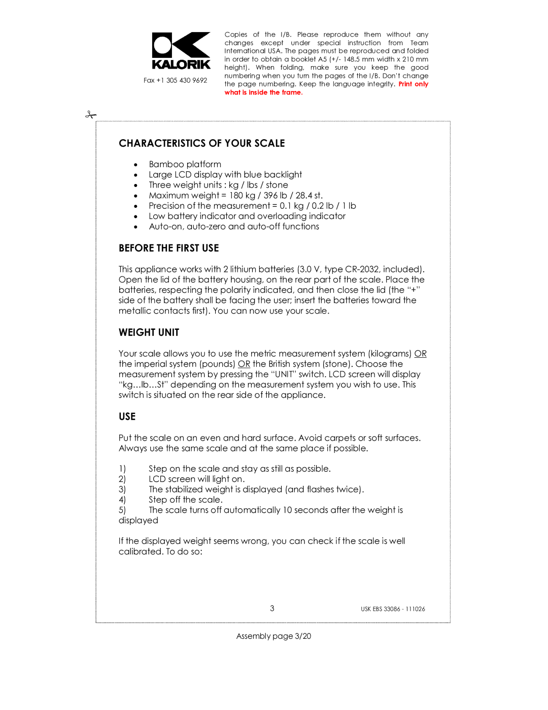 Kalorik CR-2032 manual Characteristics of Your Scale, Before the First USE, Weight Unit, Use, Assembly page 3/20 