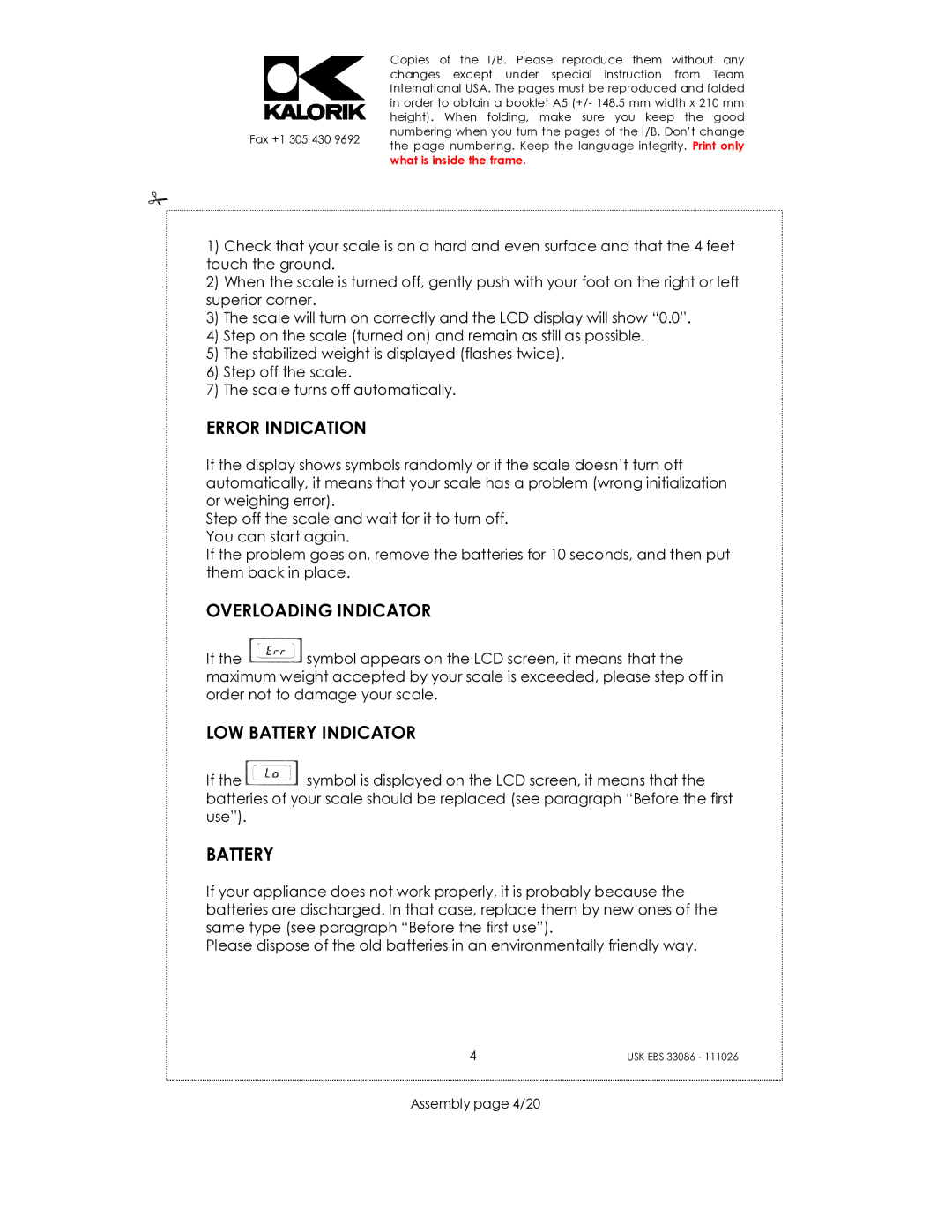 Kalorik CR-2032 manual Error Indication, Overloading Indicator, LOW Battery Indicator, Assembly page 4/20 