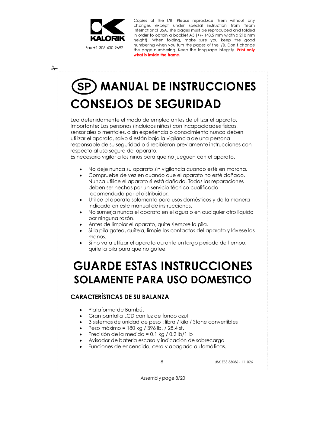 Kalorik CR-2032 manual Características DE SU Balanza, Assembly page 8/20 