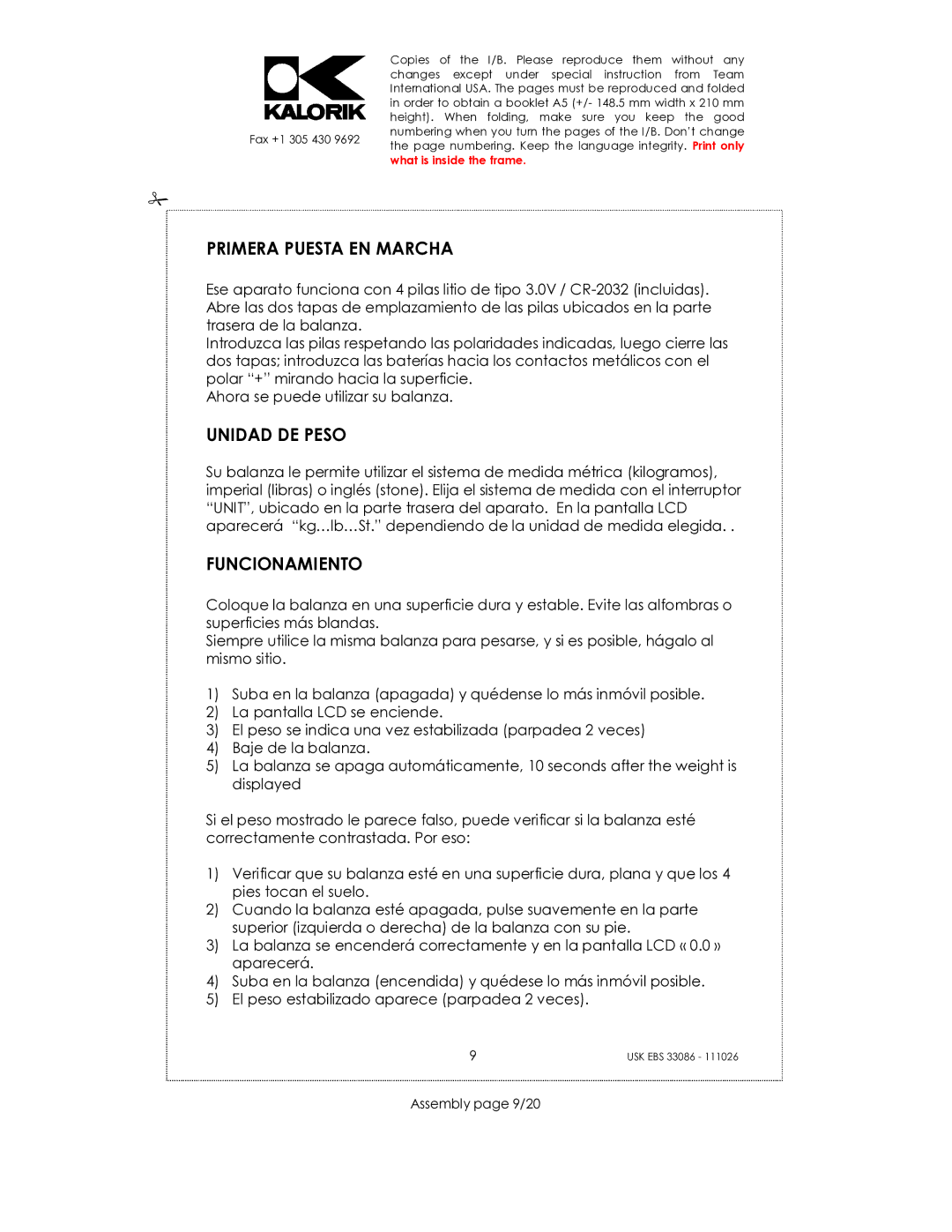 Kalorik CR-2032 manual Primera Puesta EN Marcha, Unidad DE Peso, Funcionamiento, Assembly page 9/20 