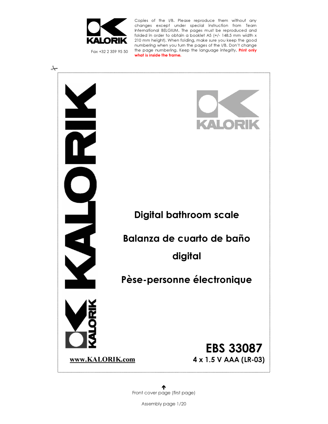 Kalorik EBS 33087 manual Ebs, Front cover page first Assembly page 1/20 