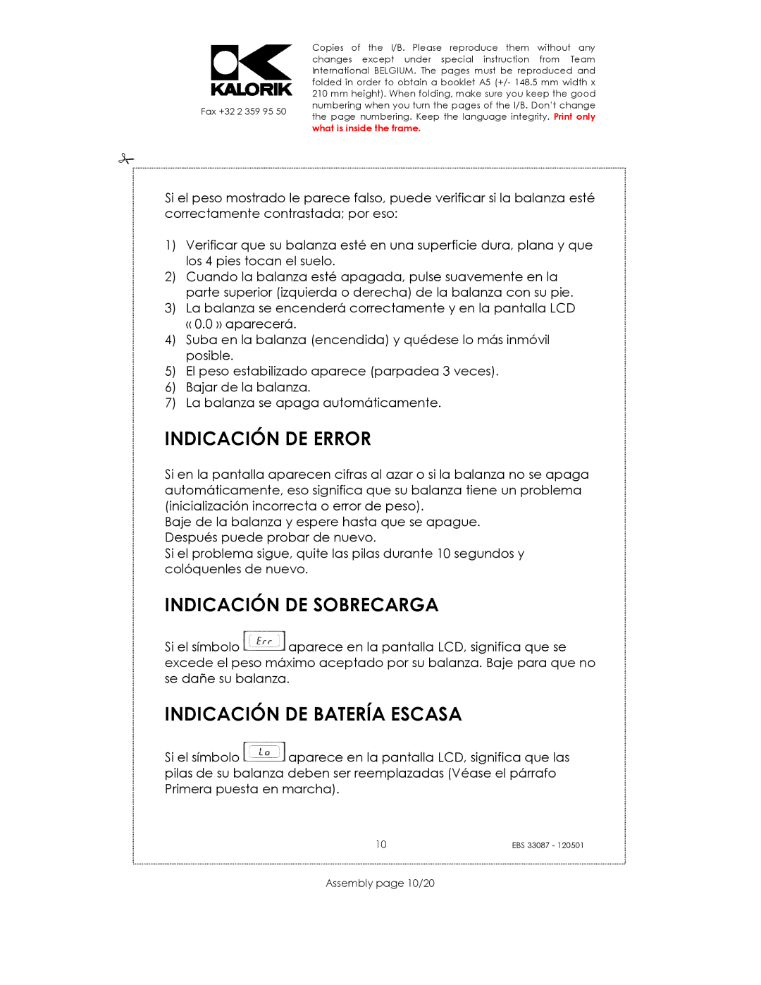 Kalorik EBS 33087 manual Indicación DE Error, Indicación DE Sobrecarga, Indicación DE Batería Escasa, Assembly page 10/20 