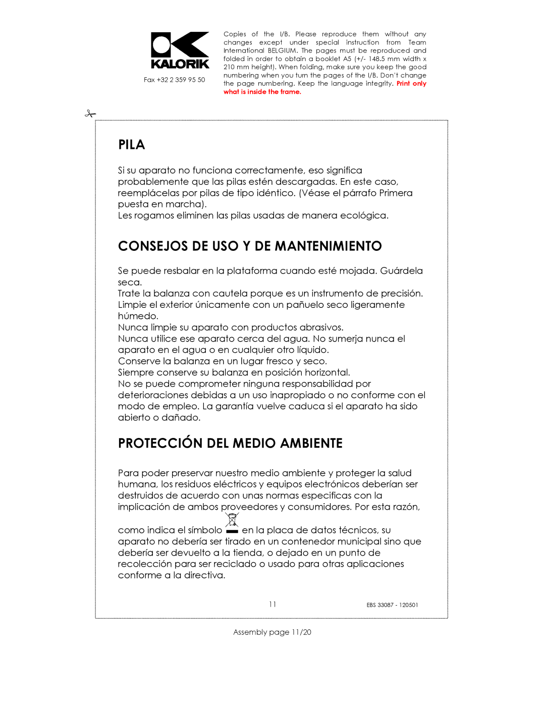 Kalorik EBS 33087 manual Pila, Consejos DE USO Y DE Mantenimiento, Protección DEL Medio Ambiente, Assembly page 11/20 