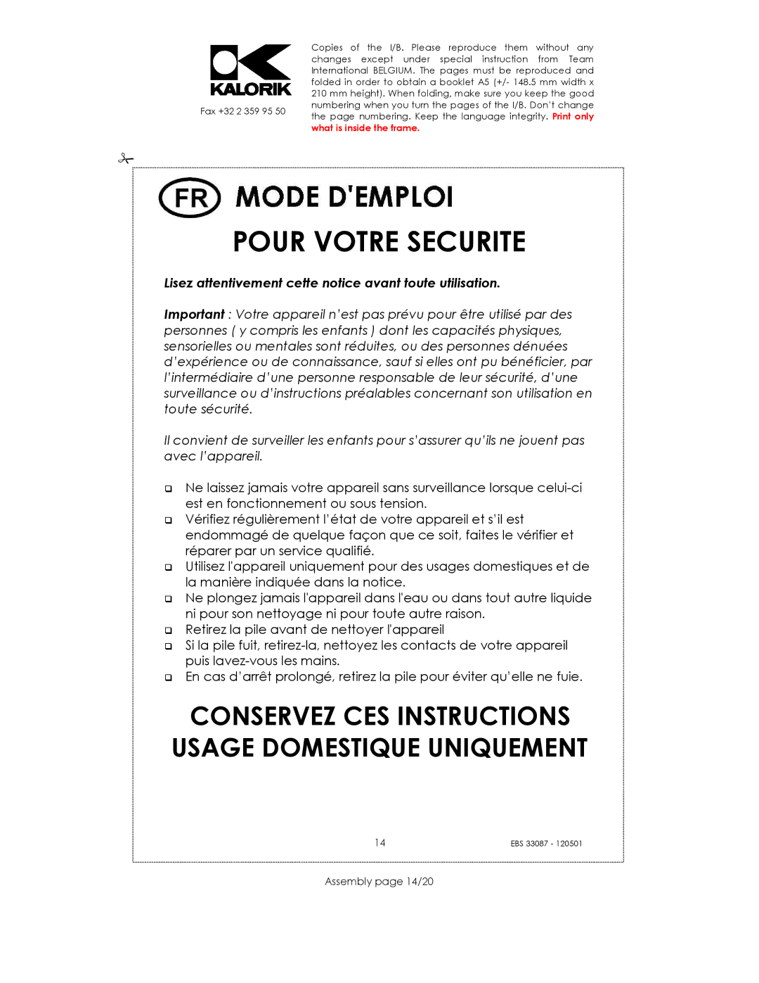 Kalorik EBS 33087 manual Pour Votre Securite, Assembly page 14/20 