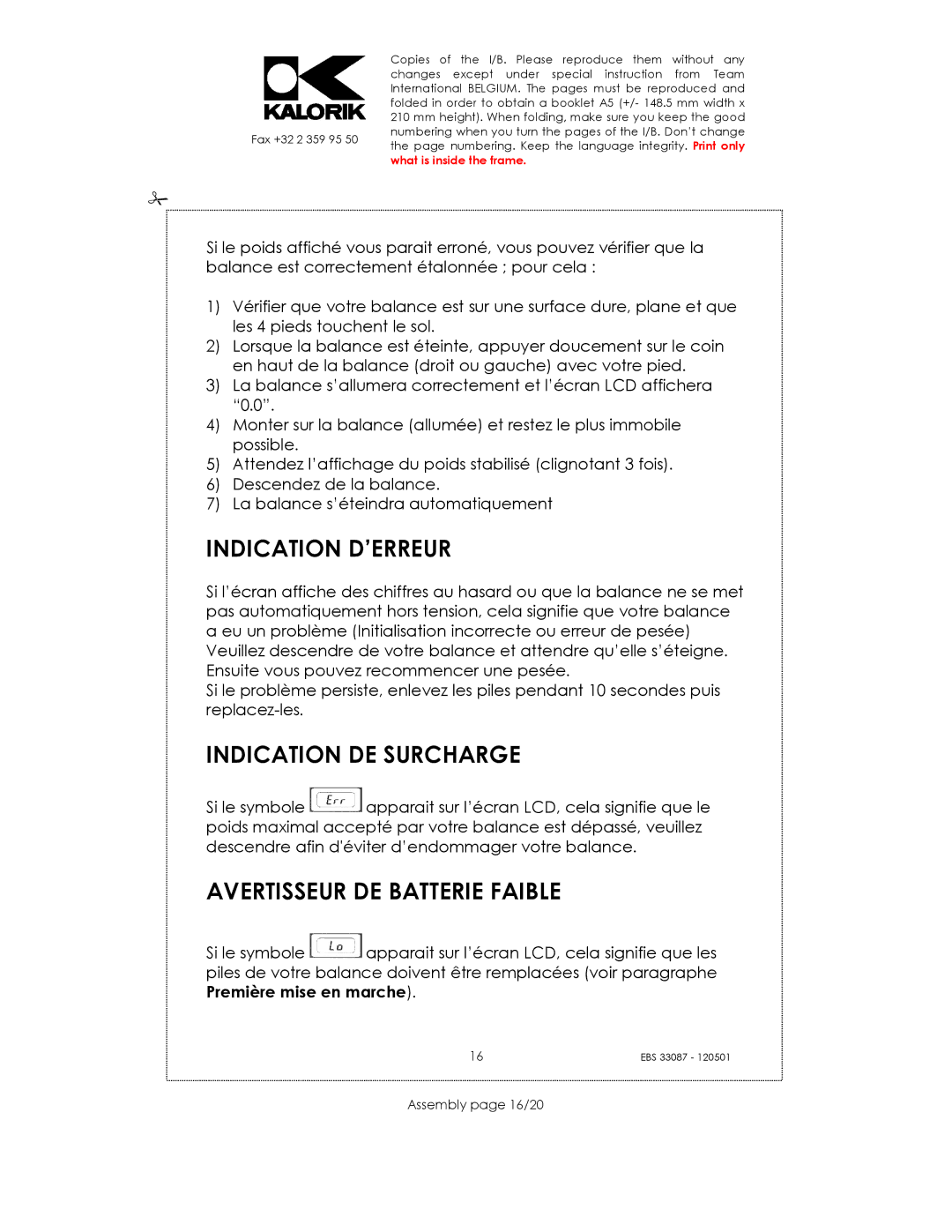 Kalorik EBS 33087 manual Indication D’ERREUR, Indication DE Surcharge, Avertisseur DE Batterie Faible, Assembly page 16/20 