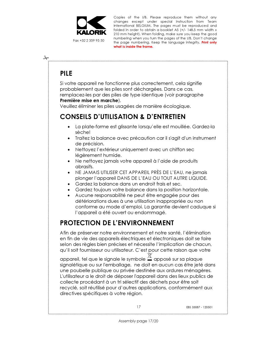 Kalorik EBS 33087 manual Pile, Conseils D’UTILISATION & D’ENTRETIEN, Protection DE L’ENVIRONNEMENT, Assembly page 17/20 