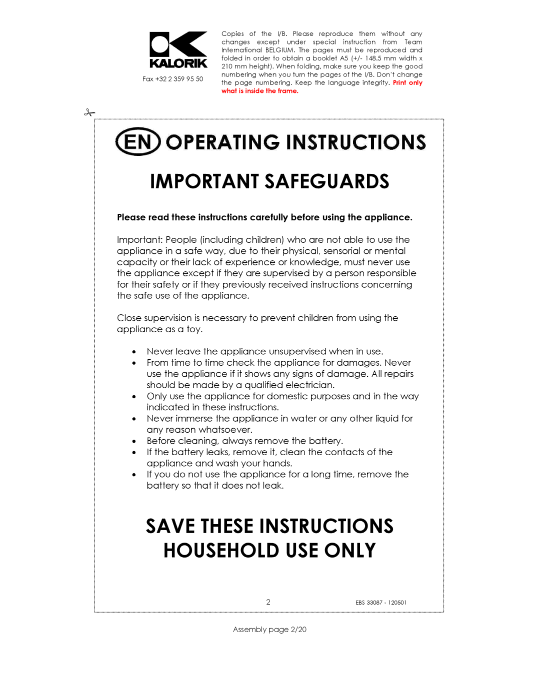 Kalorik EBS 33087 manual Important Safeguards, Assembly page 2/20 