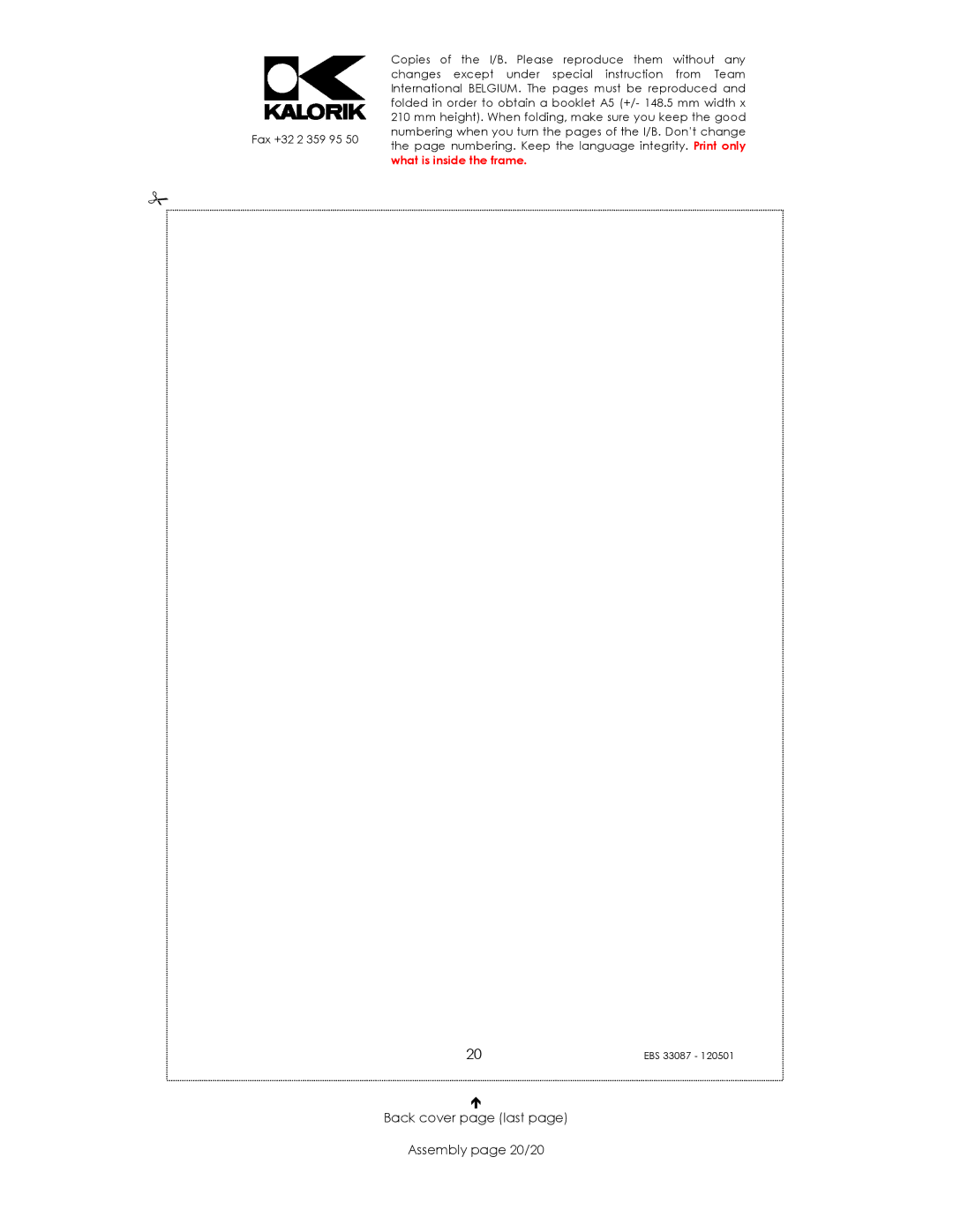 Kalorik EBS 33087 manual Back cover page last Assembly page 20/20 