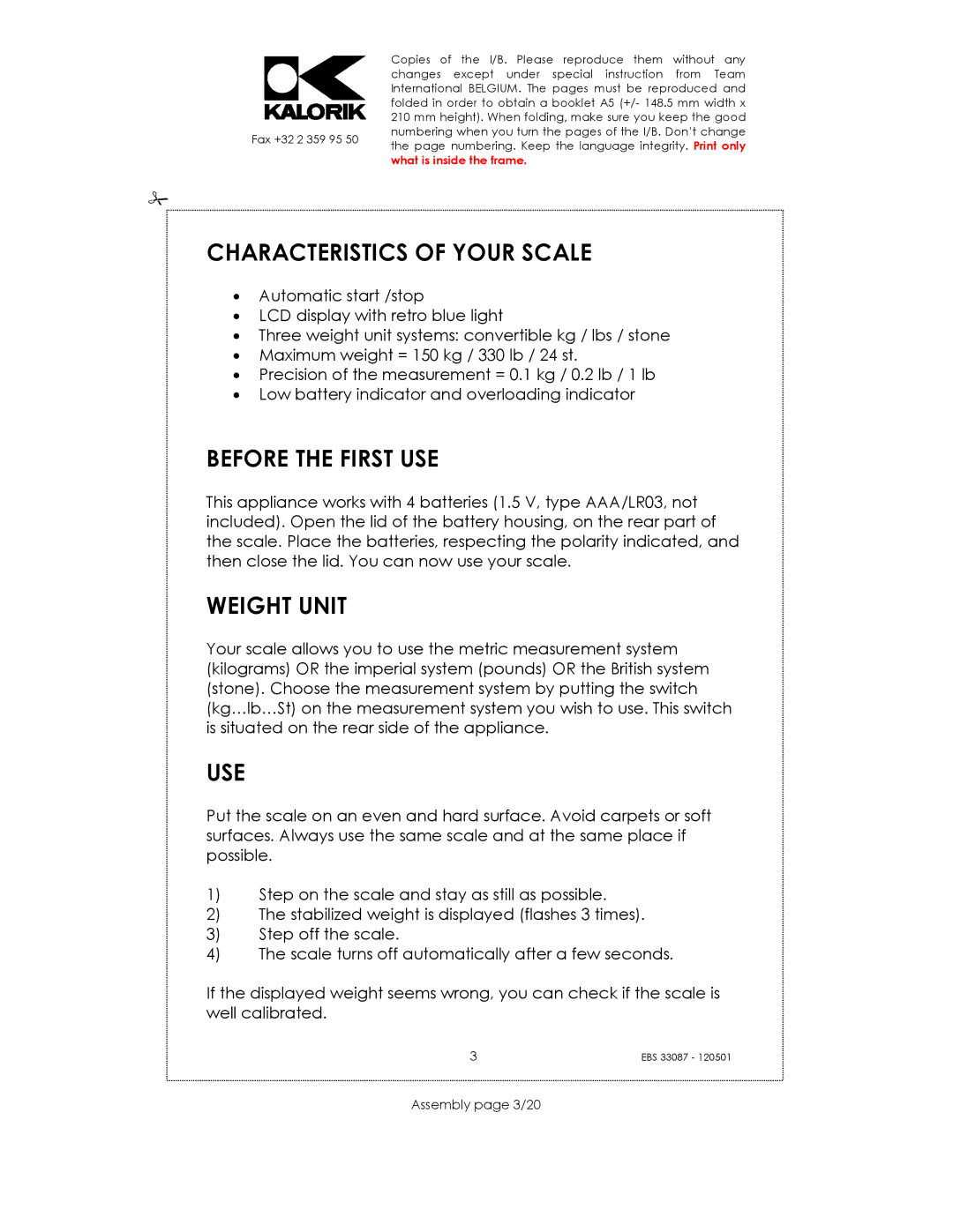 Kalorik EBS 33087 manual Characteristics of Your Scale, Before the First USE, Weight Unit, Use, Assembly page 3/20 