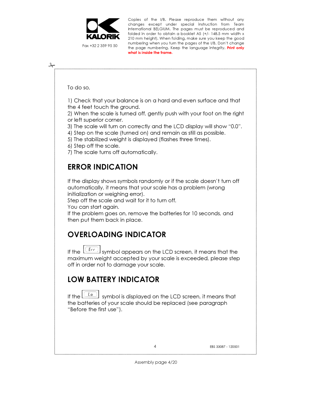 Kalorik EBS 33087 manual Error Indication, Overloading Indicator, LOW Battery Indicator, Assembly page 4/20 