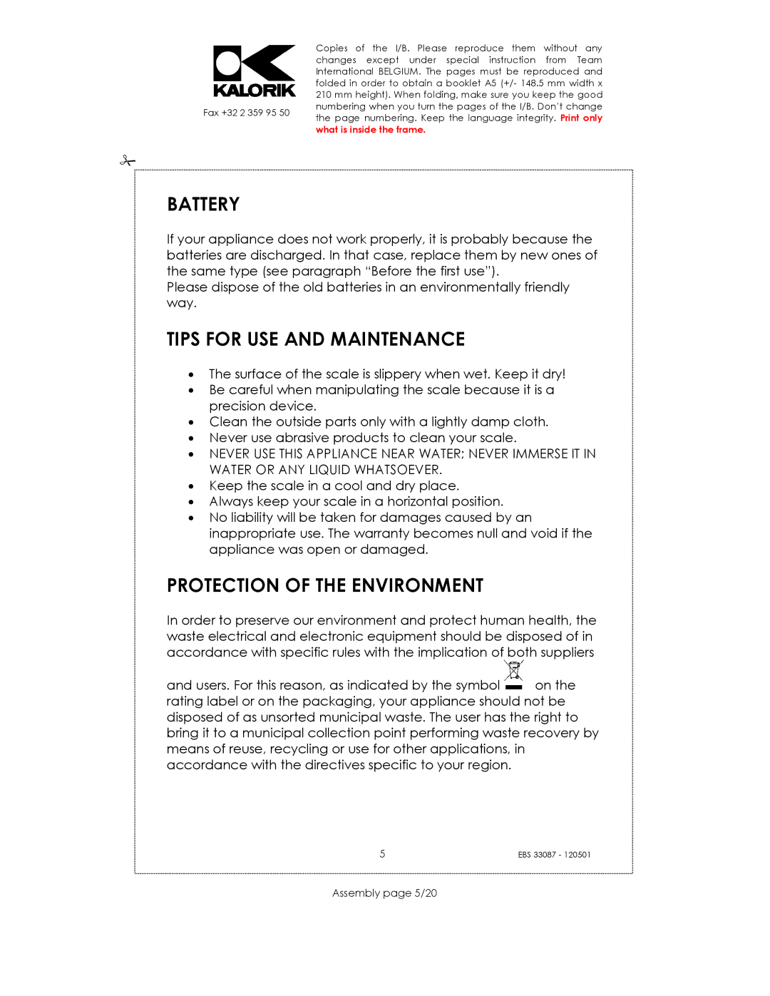 Kalorik EBS 33087 manual Battery, Tips for USE and Maintenance, Protection of the Environment, Assembly page 5/20 