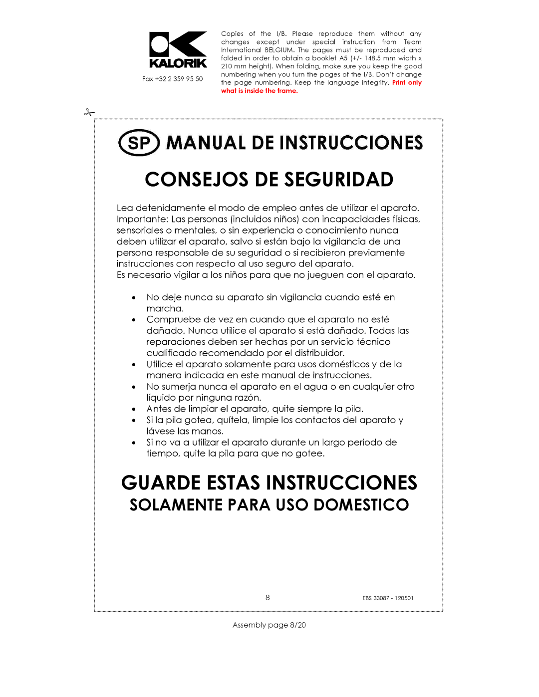 Kalorik EBS 33087 manual Consejos DE Seguridad, Assembly page 8/20 