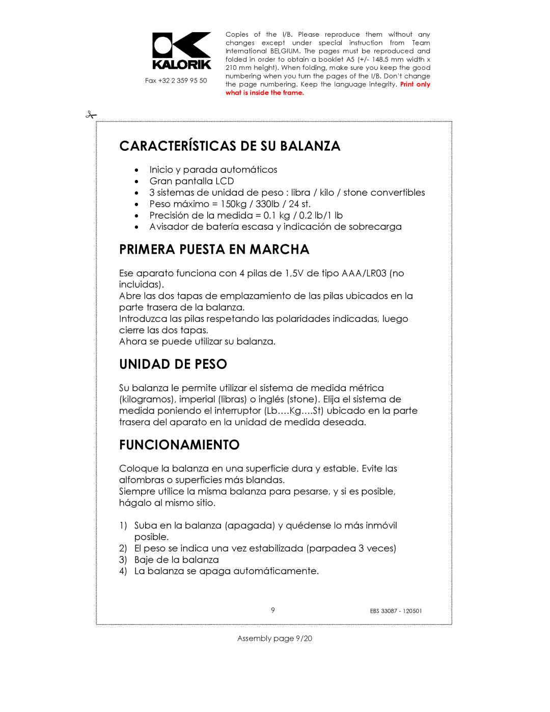 Kalorik EBS 33087 manual Características DE SU Balanza, Primera Puesta EN Marcha, Unidad DE Peso, Funcionamiento 