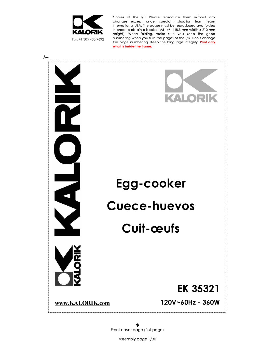 Kalorik EK35321 manual Egg-cooker Cuece-huevos Cuit-œufs, Front cover page first page Assembly page 1/30 